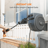 Gray hose reel with water gun attached, mounted on a wall with text 'Instant Use, Lock at Any Length & Rewind Easily'.