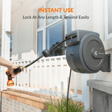 Gray hose reel with a water gun attached, mounted on a wall with text 'Instant Use' and 'Lock at Any Length & Rewind Easily'.