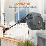 Gray hose reel with water gun attached, mounted on a wall with text 'Instant Use, Lock at Any Length & Rewind Easily'.