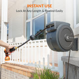 Wall-mounted hose reel with a water gun, labeled 'Instant Use' and 'Lock at Any Length & Rewind Easily', against a house exterior background.
