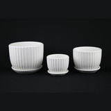3-Piece White Ceramic Planter Pot Set with Vertical Fluted Design & Matching Saucers of different sizes on a black background