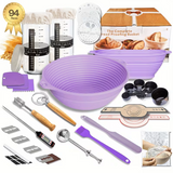 A 94-piece bread proofing and baking tool set arranged on a white background, including a large purple collapsible mixing bowl, two smaller matching bowls, a digital scale, measuring cups, spatulas, scraper, wire hooks, razor blades, a brush, and a box labeled 'The Complete Bread Proofing Basket.'.