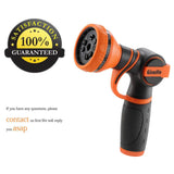 Garden hose nozzle with '100% Satisfaction Guaranteed' badge and contact information on a white background