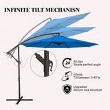 Blue patio umbrella with cantilever stand and tilt mechanism on a white background