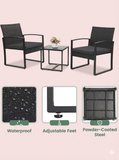 Outdoor furniture set with chairs, table, and features highlighted on a pink background