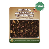 Packaging of European Nightcrawler Worm Bedding with worms visible on a brown background.