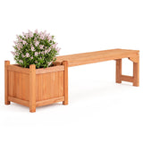 A wooden outdoor bench with an integrated square planter box on the left, filled with green foliage and light pink flowers, shown on a plain white background.