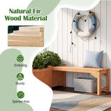 A light natural fir wood outdoor bench with a matching planter box, set against a white shiplap wall with a nautical life preserver decoration. The image includes text overlays highlighting the natural fir wood material and key product features like durability, strength, and splinter-free quality.