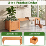 A 2-in-1 outdoor garden bench and side planter box set in a light natural wood finish, shown in a styled patio setting with a potted fiddle-leaf fig, a folded blanket on the bench, a watering can, and inset detail panels labeled 'Side Planter Box' and 'Outdoor Bench'.