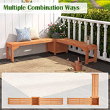 Outdoor corner wooden bench set shown on a patio with cushions, flowers, a lantern, and a watering can, plus an inset diagram at the bottom illustrating multiple bench configuration options.