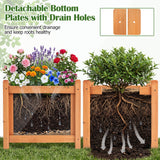 Wooden rectangular planter boxes shown on grass with flowers and a shrub in each, plus text and inset images explaining detachable bottom drainage plates and root drainage.
