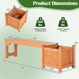 Product dimensions diagram showing a wooden planter box bench with labeled measurements, including 53 inches length, 40 inches seat width, 14 inches planter depth, and capacity of 600 lbs and 45 lbs.
