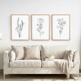 Light gray sofa with decorative pillows and a blanket, featuring Boho Botanical Art Prints | Set of 3 Green Leaves on a white wall.