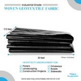 Stack of woven geotextile fabric with dimensions and uses listed on a white background