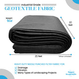 Rolled-up geotextile fabric with specifications on a white background