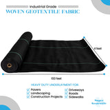 Roll of woven geotextile fabric with specifications on a white background