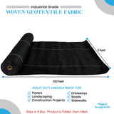 Roll of woven geotextile fabric with specifications on a white background