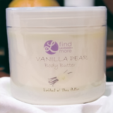 Vanilla pear body butter container with 'find more' branding on a white background