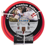 Red garden hose on a white background with DRAMM branding