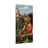 Cultivating Calm, Young Woman Gardening on a Boston Balcony with City Views
