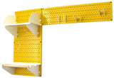 Yellow pegboard with shelves and hooks on a white background