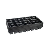 Stack of black plastic seedling trays on a white background