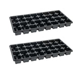 Two black plastic seedling trays on a white background