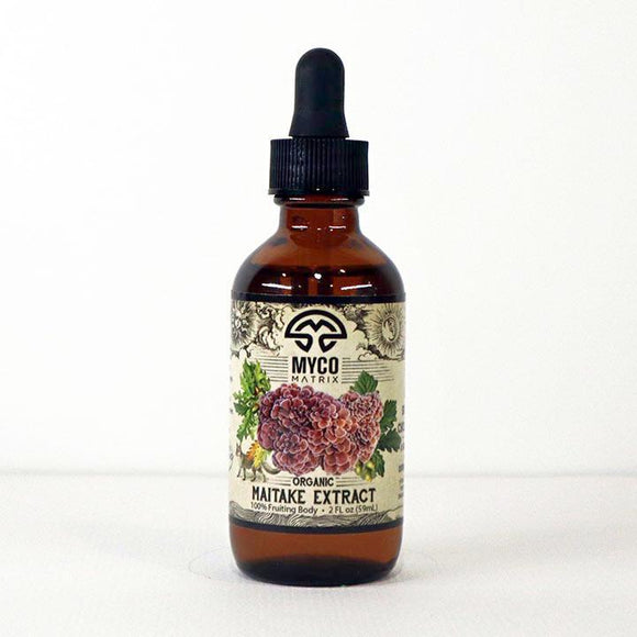Bottle of Myco Matrix Organic Maitake Extract on a white background