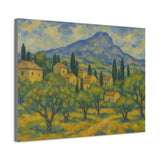 Cézanne Style French Landscape, Provence Homes, Orchards, and Distinctive Mountain Scene