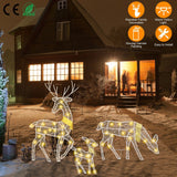 Decorative LED deer family in front of a house with warm yellow lights.