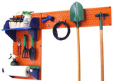 Orange pegboard with various tools and equipment on a white background