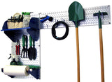 Garden tool organizer with pegboard and tools on a white background