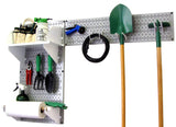 Garden tool organizer with pegboard and tools on a white background