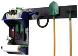 Wall-mounted tool organizer with various gardening tools on a white background