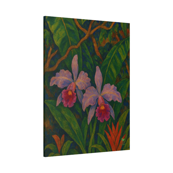 Gauguin Inspired Tropical Still Life with Cattleya Orchids and Bromeliads