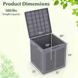Gray storage box with dimensions and weight capacity on a white background