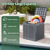 Gray storage box with patio items on a patio background