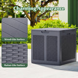 Outdoor storage box with wood-like and rattan-like surface textures, set against a garden background.