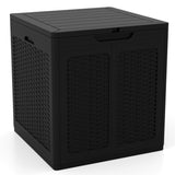 Black storage box with woven design on a white background