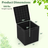 Black storage box with dimensions and weight capacity on a light green background