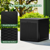 Black outdoor storage box with wood-like and rattan-like surface options on a blurred garden background.