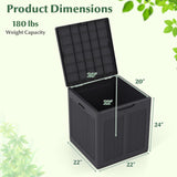 Black plastic storage bin with lid shown open, labeled with dimensions 20 x 22 x 24 inches and weight capacity 180 lbs, on a pale green background with decorative leaves.