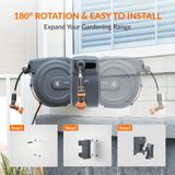 Gray garden hose reel with water nozzle, mounted on a wall with text highlighting features.