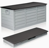 Gray storage bench with black top on a white background