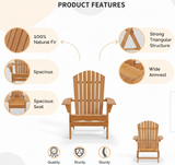 Wooden chair with product features highlighted on a white background