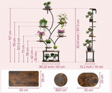 Wooden plant stand with plants, showing dimensions on a pink background