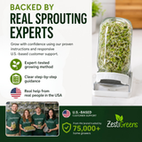 Zest Greens sprout kit shown in a clear jar filled with green sprouts on a white base, with promotional text on the left and a Zest Greens team photo at the bottom.