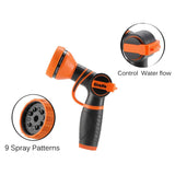 Black and orange garden hose nozzle with spray patterns and water flow control features on a white background.