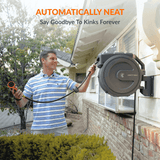Man using a retractable garden hose with 'Automatically Neat' product display in the background.