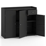 A black wicker-textured outdoor storage cabinet with two doors open, revealing shelves and a top drawer, shown on a white studio background.